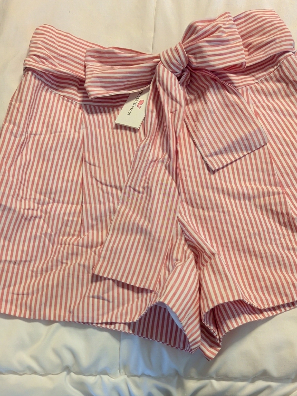 Vineyard Vines Red/Pink and White Striped High-Waist Tie Shorts
